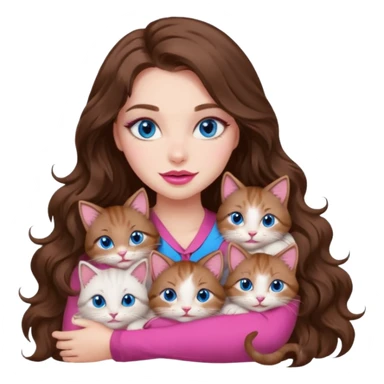 girl with long wavy brown hair, blue eyes, long lashes makeup, sexy pink lips, cuddling with 6 cats sticker
