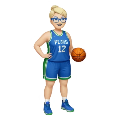 Full Body plus size white female with short spike hair wearing blue glasses basketball player wearing blue green uniform smiling sticker