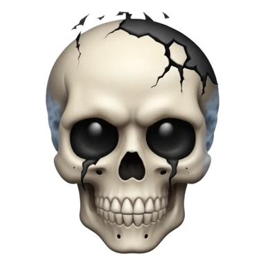 iOS style emoji, dark fantasy skull, cracks, black smoke from eyes, soft light, stylized sticker