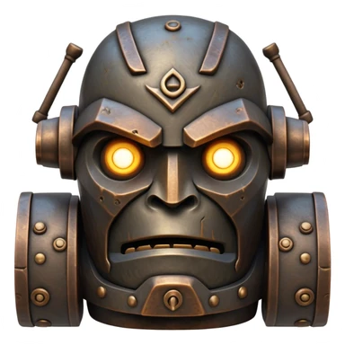 Cinematic Noble Mighty Iron Golem Portrait Emoji Poised and imposing, with a towering, metallic form forged from intricately detailed plates of burnished steel and ancient bronze, etched with faint traces of runes and weathered marks of time. Its piercing, glowing eyes radiate unwavering resolve, casting a solemn and commanding presence; rendered with lifelike texture and natural metallic highlights, high shine, elegant yet indomitable, styled with an aura of legendary endurance, focused and resolute, soft glowing outline, capturing the essence of an eternal guardian, standing vigilant and immovable as if ready to awaken at any moment with unstoppable might! sticker