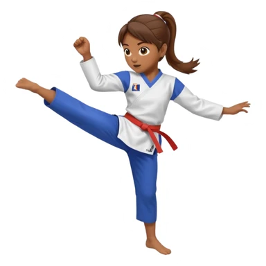 brown-skinned girl with brown hair in a ponytail in a taekwondo uniform, kicking sticker