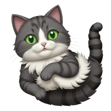 dark grey cat with green eyes, white toes/paws and white patch on her chest playfully rolling upside down sticker