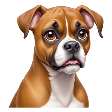 Cinematic Comical Fawn Boxer dog Portrait Emoji, Head tilted dramatically with an exaggeratedly shocked or offended expression, featuring a sleek fawn Fur with a distinctive white muzzle, wide, expressive brown eyes filled with exaggerated disbelief, Simplified yet hilariously expressive features, highly detailed, glowing with a slightly sassy glow, high shine, dramatic yet playful, stylized with an air of attitude, bright and endearing, soft glowing outline, capturing the essence of a sassy and over-the-top guardian, so meme-worthy it feels like it could side-eye its way into internet fame instantly! sticker