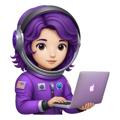 astronaut with purple suit, ombre black/brown wavy hair and a macbook sticker