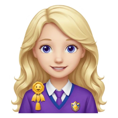 A pale girl with blue eyes and long and blonde , wavy hair , smiling wearing a purple school uniform  sticker