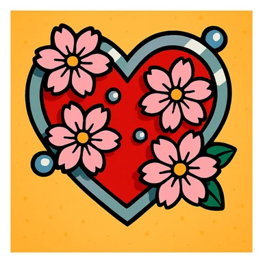 Make the silver details on the heart with sakura more prominent in vibrant toon style. sticker