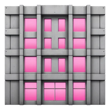 Gray concrete panel building with multiple regular windows and just one pink glowing window, brutalist architecture sticker