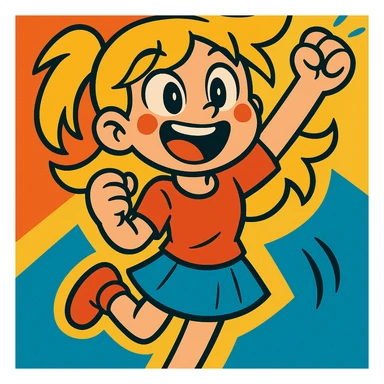 Add a colorful, energetic background that matches her excitement, keeping the vibrant toon style. sticker