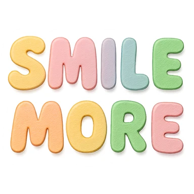 "Smile More" soft pastel rainbow puffy lettering, cute bubble font, no frame, isolated for stickers, transparent background sticker