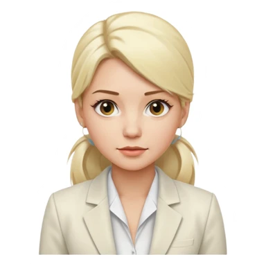 White blonde women with a low ponytail two strands of her in the front a white blouse and white blazer sticker