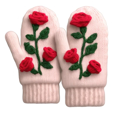 A pair of cozy knitted mittens with a rose design sticker