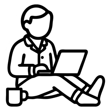 minimalist icon of a lazy SMM specialist with a laptop on lap, wearing pajamas, coffee cup nearby sticker
