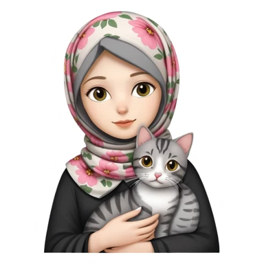 White girl with printed flower hijab holding a black and grey tabby cat sticker
