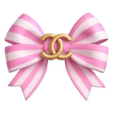 Change the bow to pink and white, keep the gold Chanel logo, luxurious, glossy, 3D emoji style. Remove the background. sticker