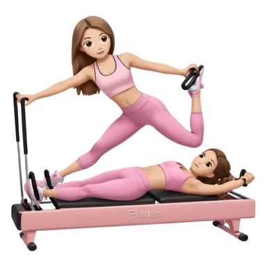 pretty caucasian teen with hazel eyes long brown hair wearing light pink workout clothes doing a plank on a pilates reformer sticker