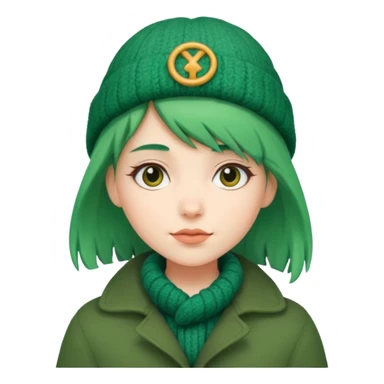 Girl with green hair wearing winter coat and a woolen hat with a relaxed posture and friendly face sticker