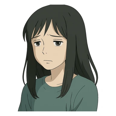 pale girl with long black hair, sad expression, in ghibli style sticker