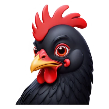 Cinematic Comical Black Chicken Portrait Emoji, Head tilted dramatically with an exaggeratedly amused expression, featuring a sleek, glossy black plumage with a bold red comb, wide, expressive beady eyes filled with playful disbelief, Simplified yet hilariously expressive features, highly detailed, glowing with a slightly sassy glow, high shine, dramatic yet playful, stylized with an air of cheeky mischief, bright and endearing, soft glowing outline, capturing the essence of a spirited and over-the-top chicken, so meme-worthy it feels like it could cluck its way into internet fame instantly! sticker