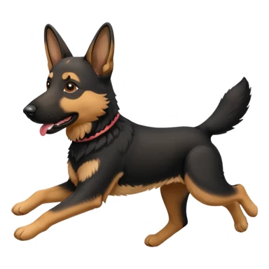 mostly black german shepherd running with toy sticker