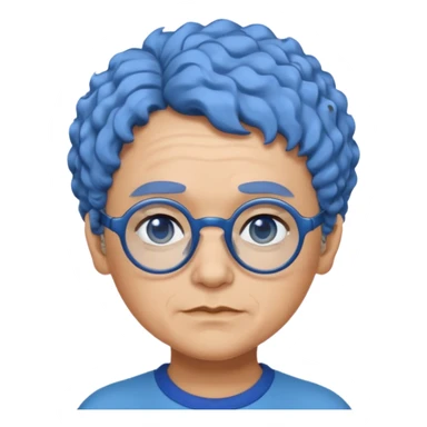 old laydy with short, curly blue hair, matching blue eyebrows, light brown skin, round black glasses, and a neutral facial expression. sticker