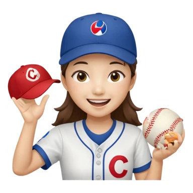 a korean girl cheering her favorite baseball team, wearing the team uniform, baseball cap, and holding baseball sticker