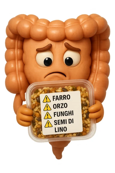 SU QUESTO STILE FAI UN EMOJI STILE IPHONE 3D DI UN INTESTINO CHE HA IN MANO UN insalata di farro mista CONFEZIONATa DA SUPERMERCATO E LEGGE L'ETICHETTA NUTRIZIONALE CON GLI INGREDIENTI IN ITALIANO, ACCANTO ALL'insalata CHE HA IN MANO C'è UN FOCUS SULL'ETICHETTA CON GLI INGREDIENTI SCRITTI, "Farro, orzo, funghi, semi di lino" accanto ad ogni nome scritto mettici un segnale di allarme, FAGLI UN ESPRESSIONE CONFUSA MENTRE LEGGE E FALLO MOLTO REALISTICO IN 3D sticker