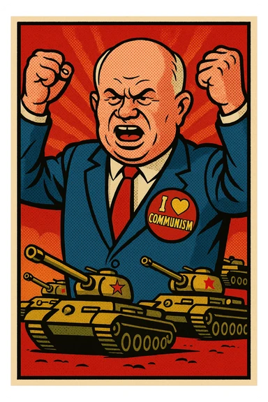 Soviet leader Khrushchev looking aggressive holding his fists in the air. He is wearing a blue suit with a large 'I love Communism' sticker on his chest.  In the background are soviet tanks. sticker