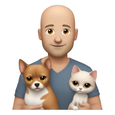 White, bald man is holding a grey, small sphinx cat and woman with dark, straight hair is holding orange, fluffy Pomeranian dog sticker