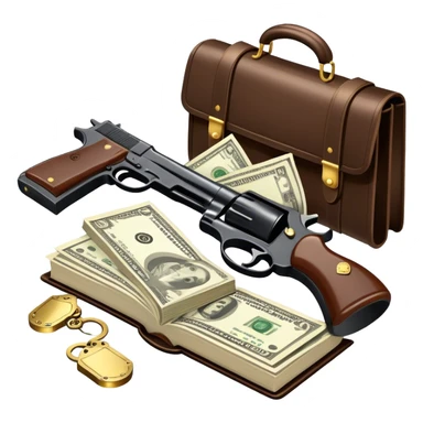 Icon for Action & Crime Reading: open book with text and picture, silhouette of a gun, a bag of money, a police badge. Surrounding elements include a pair of handcuffs, a briefcase and scattered bullet casings. Transparent background. sticker