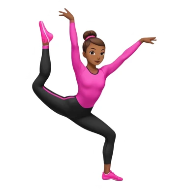A female gymnast with brown hair in a neat bun, wearing black leggings and a T-shirt with neon pink elements, performing an acrobatic move. sticker