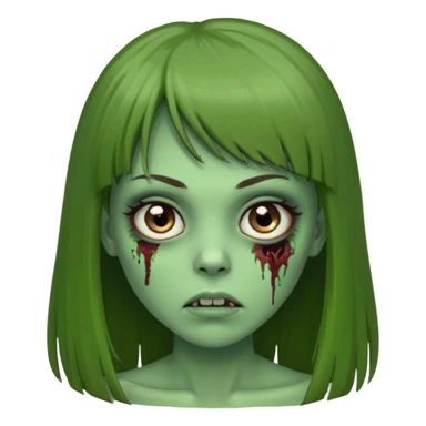 Zumbi feminino, de pele verde, cabelo longo liso e castanho com franja. rosto oval e cilios grandes sticker