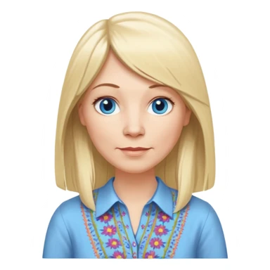 50 yr old white woman, hippie part bangs, very long straight blond hair, oval face, small smile, blue eyes, thin face, hair downback, hair parted at center of head, round cheeks, pale, longer hair, dress shirt sticker