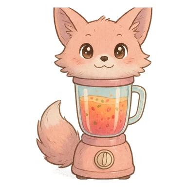 a fluffy fox blender, transparent body with a fruity smoothie inside, sparkling eyes, pastel pink, full-body sticker