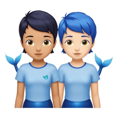 two tanned skin, black haired, sibling mermaids, one with short hair and the other with pixie cut. both wearing t shirts with blue tails sticker