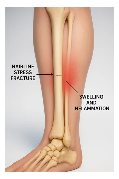 3D realistic medical illustration: a close-up of a human lower leg (tibia), showing the bone with a visible hairline stress fracture. The surrounding soft tissue is semi-transparent, highlighting mild swelling and inflammation. Educational labels point to the fracture site. The background is clean and clinical, with a subtle gradient. sticker