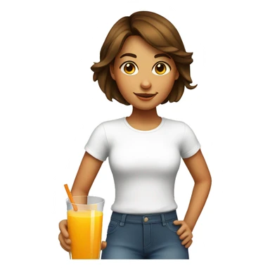 A girl with short brown hair wearing a white t-shirt, drinking orange juice and a glass sticker