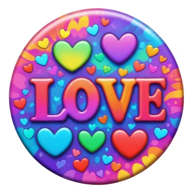 A round psychedelic colored button with bezeled edges and the word love sticker