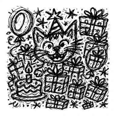 Add more gifts around the kitten, keeping the chaotic outlined style and all original elements intact sticker