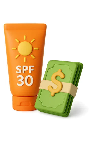 icona della crema solare con i soldi in 3d sticker