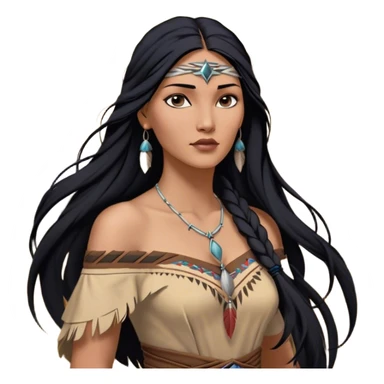 Cinematic Realistic Pocahontas Portrait, depicted with lifelike skin texture, soft natural lighting, and intricately detailed long, flowing raven-black hair that moves gracefully in the wind. Her deep, soulful dark brown eyes exude wisdom and strength, complemented by a serene yet powerful expression. She is dressed in her classic one-shoulder native american dress, with rich fabric textures and delicate beaded details that catch the light beautifully. The portrait features a soft, sun-kissed glow with a natural, radiant finish, capturing the essence of untamed beauty and deep connection to nature in a realistic and painterly style, evoking a sense of depth and authenticity. sticker