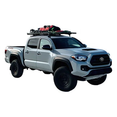 Cement grey Toyota Tacoma 2020 TRD pro with hard shell topper and ski rack parked in snow in front of a ski resort with dark tinted windows  sticker