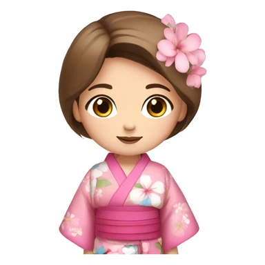 cute girl brown straight hair and blue eyes in pink flower kimono sticker