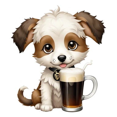 Black Puppy. Jackapoo. White face. Black pointy floppy ears. Black circles around eyes. Drinking a Guinness beer. The dog does not have brown hair sticker