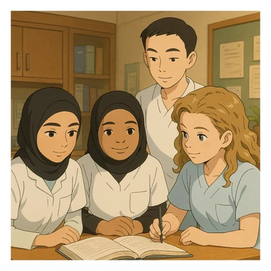 Quatre étudiants infirmiers en interaction, style Ghibli, en intérieur, tenues blanches à manches courtes, col en V, poche poitrine gauche, sans col ni stéthoscopes, pas de tissus sous les manches. Ambiance studieuse et bienveillante, détails inspirés des références. sticker