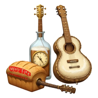 steampunk - a bottle of salt (salt shaker) and a loaf of peasant bread with a small SG Gibson electric guitar sticker