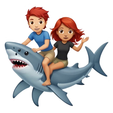 Red hair girl and dark hair boy riding a shark sticker