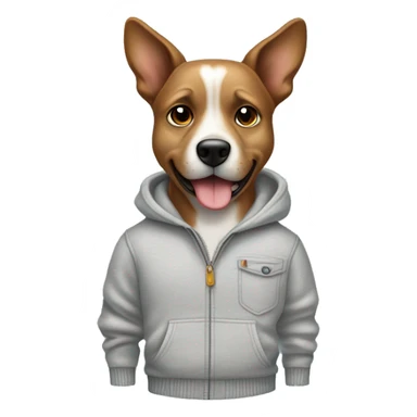 The dog is dressed in casual clothing, including a light gray sweater, light blue jeans, and white sneakers with brown soles. hands tucked into its pants’ pockets,. upward.confidence or a relaxed attitude, with one eyebrow slightly raised. sticker