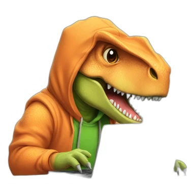 dinosaur working on a laptop with a hoodie sticker