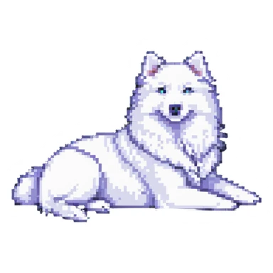 A pixel art Samoyed dog, lying down, facing right, white fur, black eyes, relaxed pose, simple background. sticker
