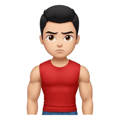 a pretty bratz boy with black hair and a red tshirt, big biceps looking sad sticker